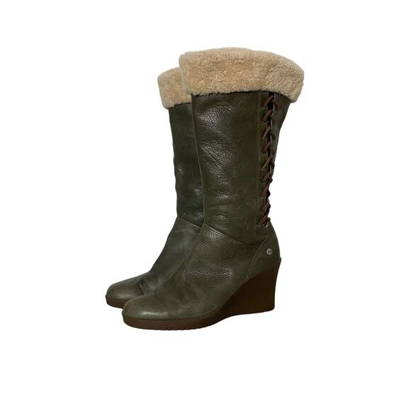 Ugg Women's Felicity Olive Leather Shearling Wedge Boots Size 8 - Picture 1 of 9